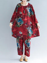 Loose Flower Print Round-neck T-shirt+Pants Suits